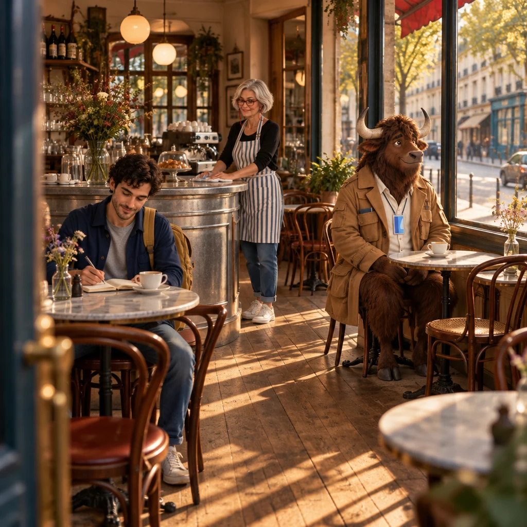 Wide late-afternoon café interior with Sam at a marble table, Odile wiping the zinc counter, and Gaspard on two chairs beside an empty window table.