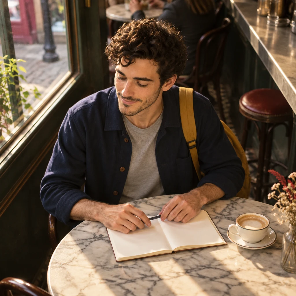 High-angle view of Sam sitting upright at the marble table, looking down at an open notebook.