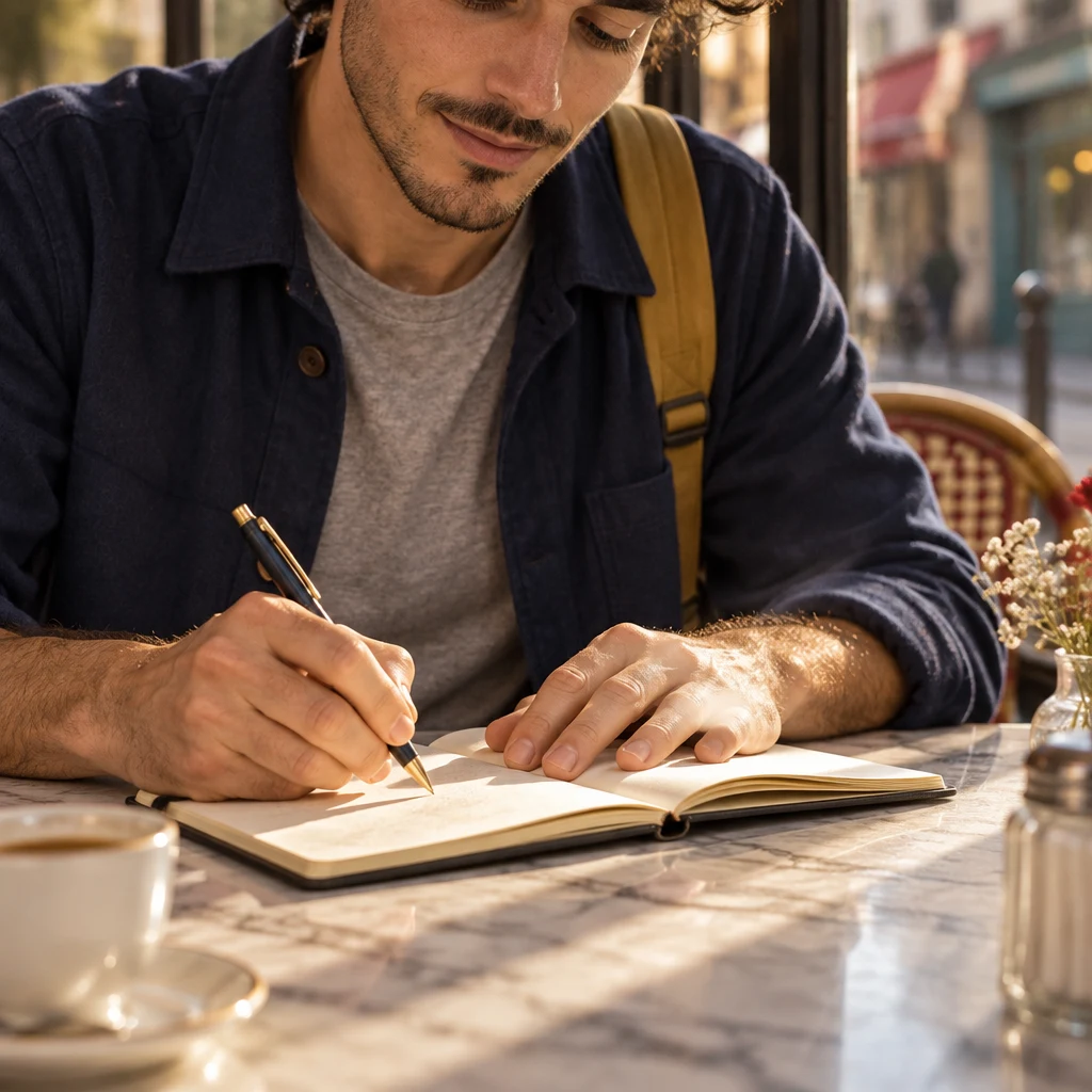 Close-up of Sam's hands on the open notebook at the marble table, posture tight with effort.