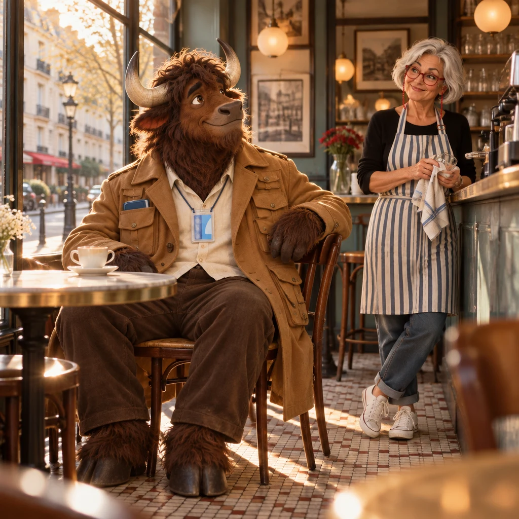 Low-angle view of Gaspard settled on two chairs by the window, turning toward Odile, café crème untouched beside the empty window table.