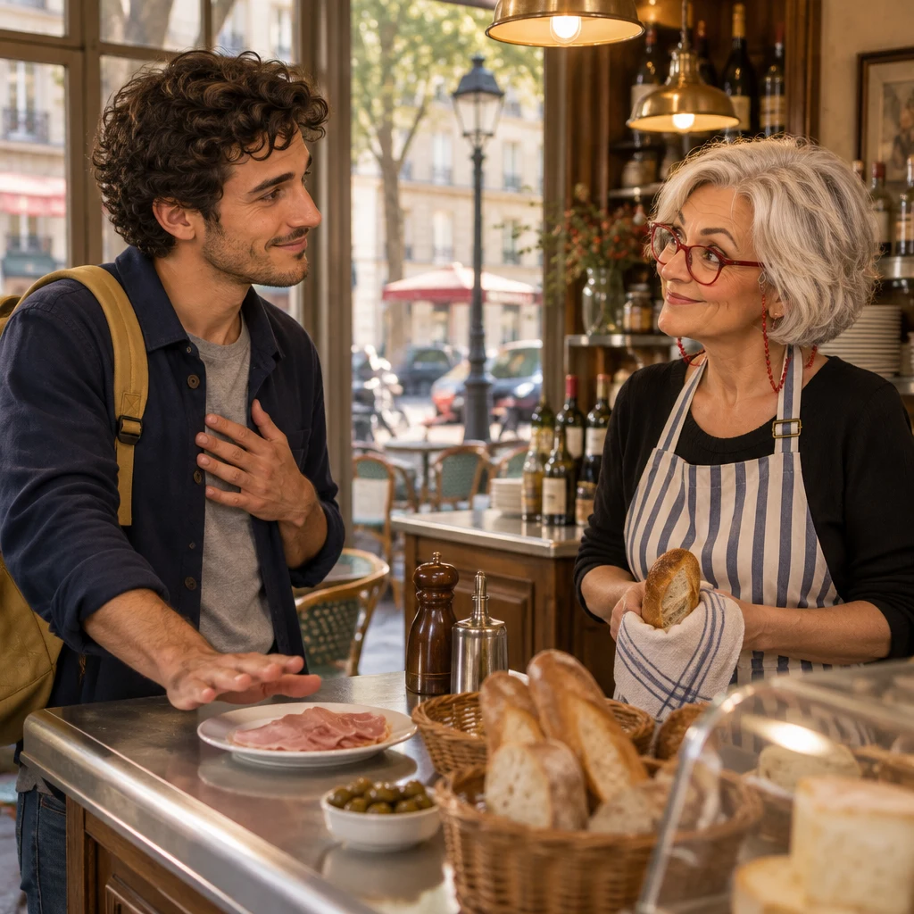 Sam at the zinc with a hand on the chest, declining a plate of ham, while Odile stands behind the counter with the bread.
