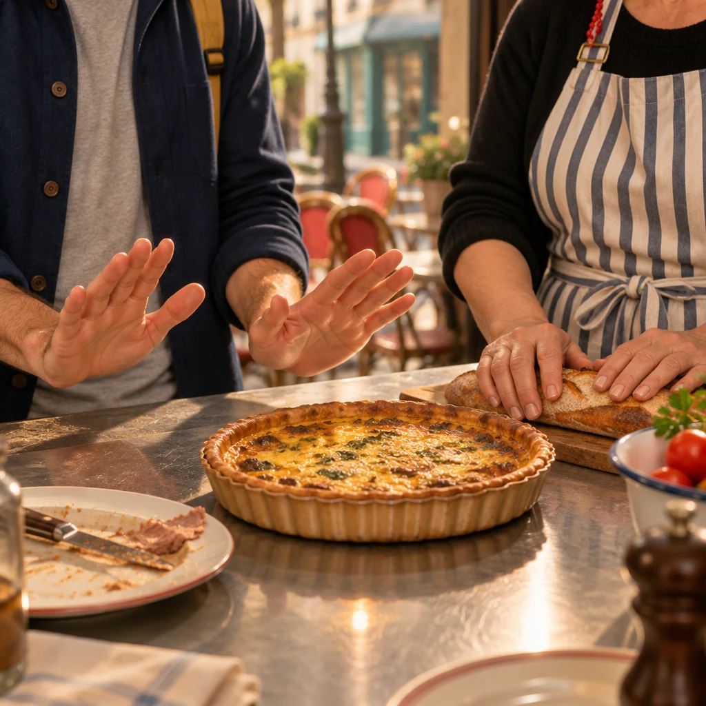 Sam holding both open palms toward a quiche on the zinc that will not be eaten.