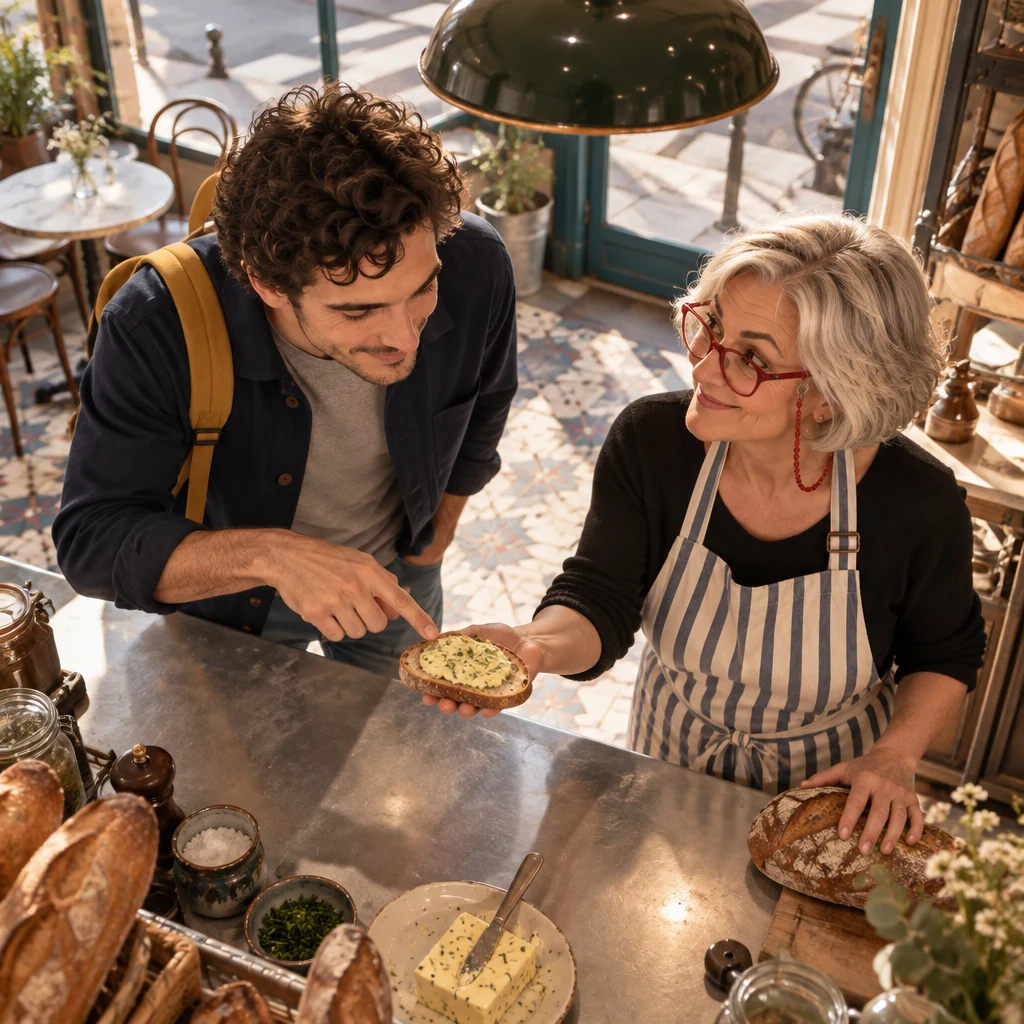 Sam leaning far over the zinc, pointing into an open tartine while Odile holds it toward Sam.