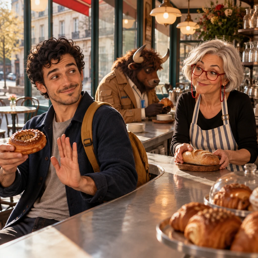 Sam in profile holding a nut-topped pastry at arm's length and turning a shoulder away, free hand raised in a stop.