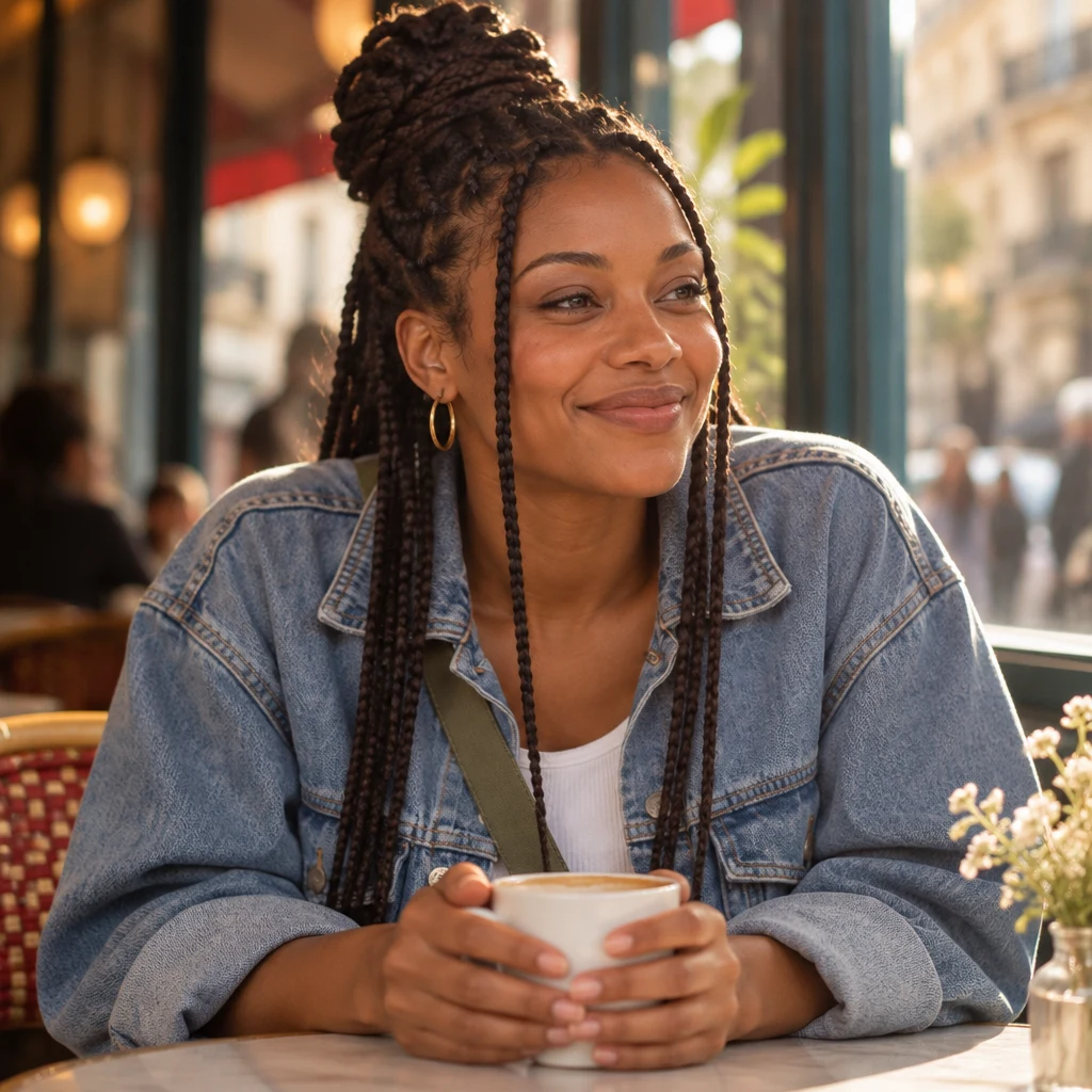 Inès leans in at the table with both hands around a cup, as if naming the best part of a trip.