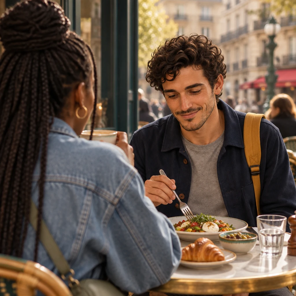 Over Inès’s shoulder, Sam looks down at the plates with his fork paused, caught off guard by the food.