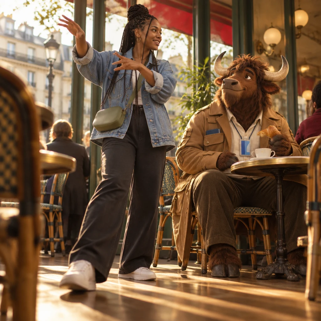Inès angles toward the aisle, hands tracing a long walking route in the air with one foot slid forward, while Gaspard occupies two chairs behind her.