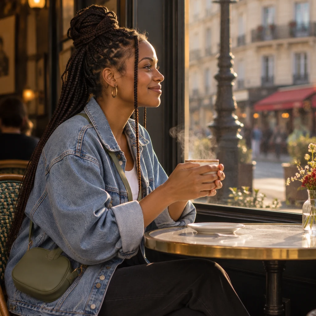 Inès sits in profile at the café table, both hands around a cup, turned toward the room as if ranking the trip among the best of her life.