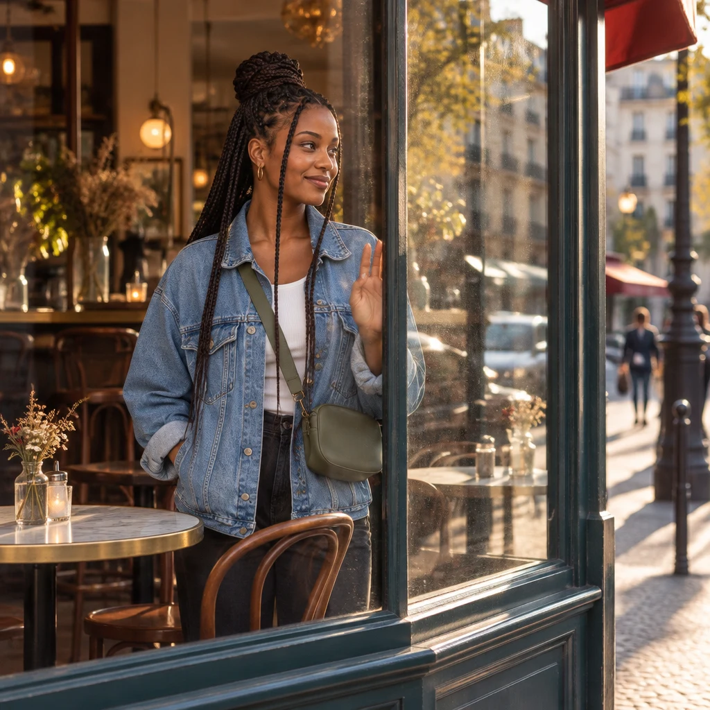 From the sidewalk looking in through the café window, Inès stands at the glass with one hand near the pane, looking out as if she will go back.