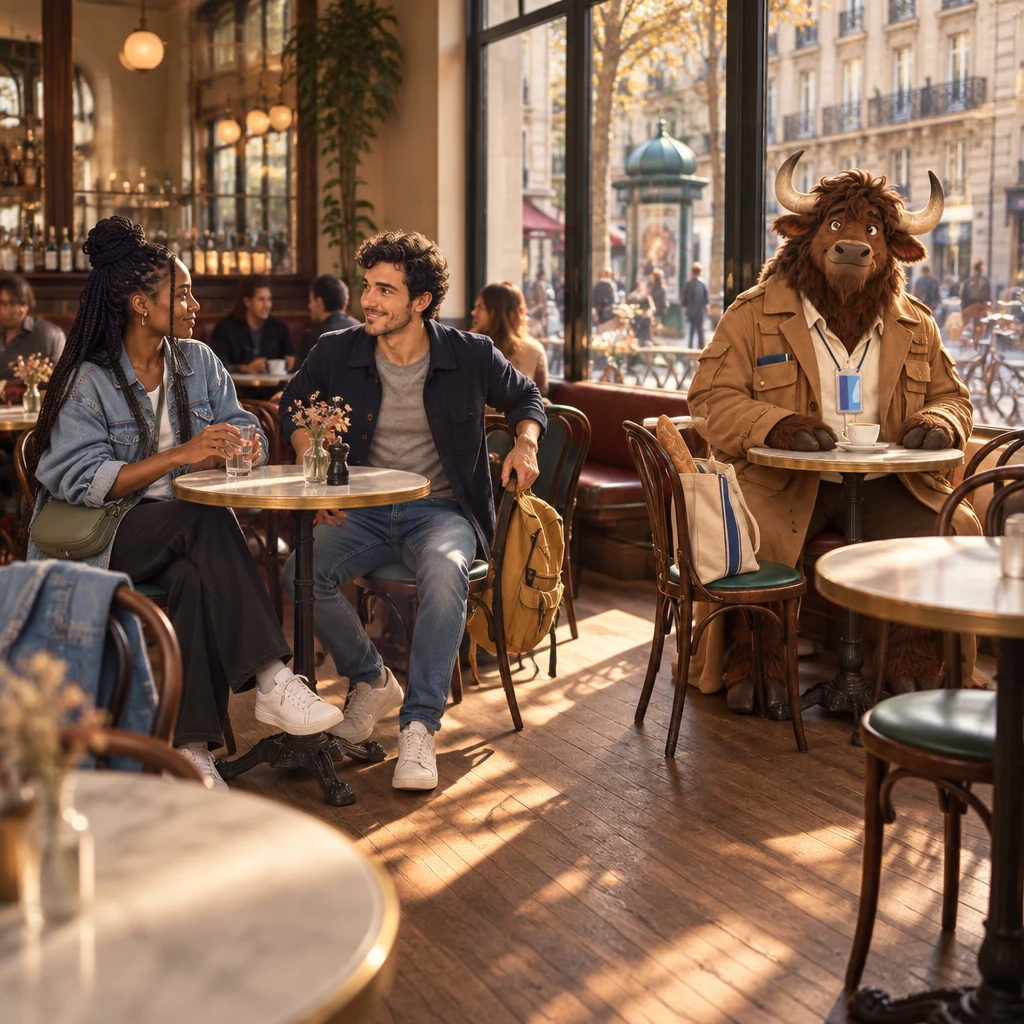 A wide afternoon café interior with Inès at a round table, Sam sitting down with a backpack, and Gaspard occupying extra chairs at the next table.