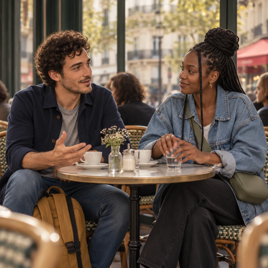 Sam, just seated across from Inès, posture lowered, begins to tell Inès the trip did not go as planned.