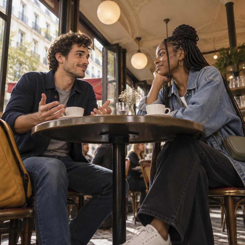 From a low angle, Sam sits with elbows on the round table and hands spread, admitting the trip was more complicated than expected, while Inès leans in.