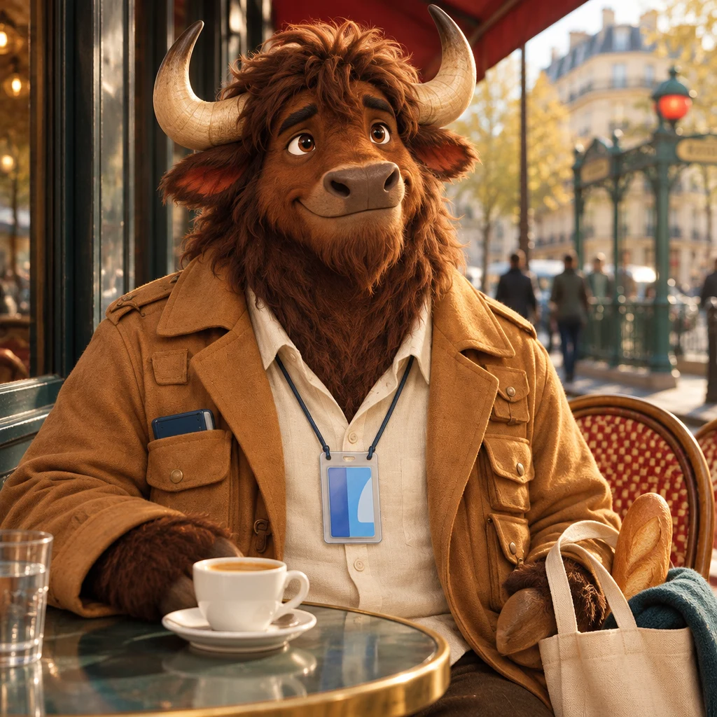 Gaspard occupies extra chairs at the next table, frozen in a never-forget pose beside an untouched café crème and a baguette in a tote.