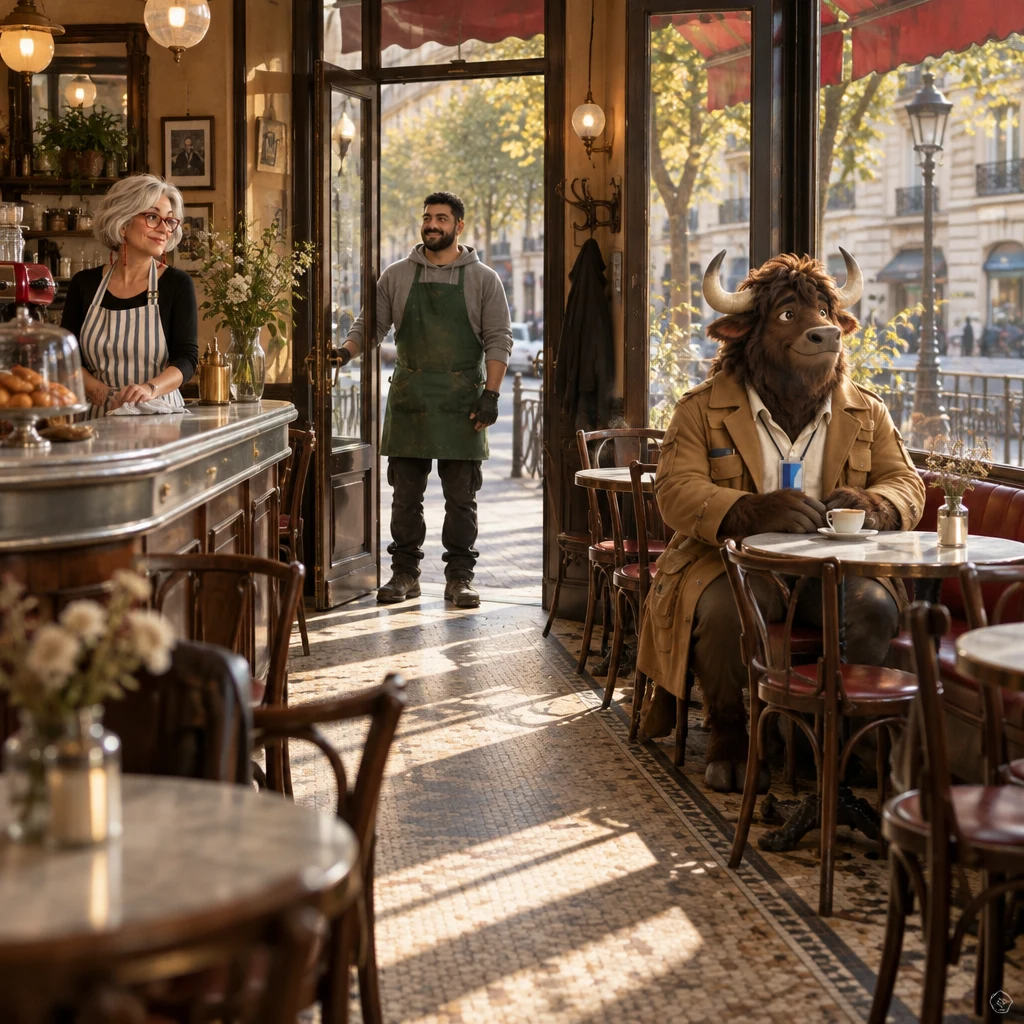 A wide Saturday-morning view of Café des Tilleuls with Karim just inside the door, Odile at the zinc, and Gaspard on two chairs beside the empty window table.