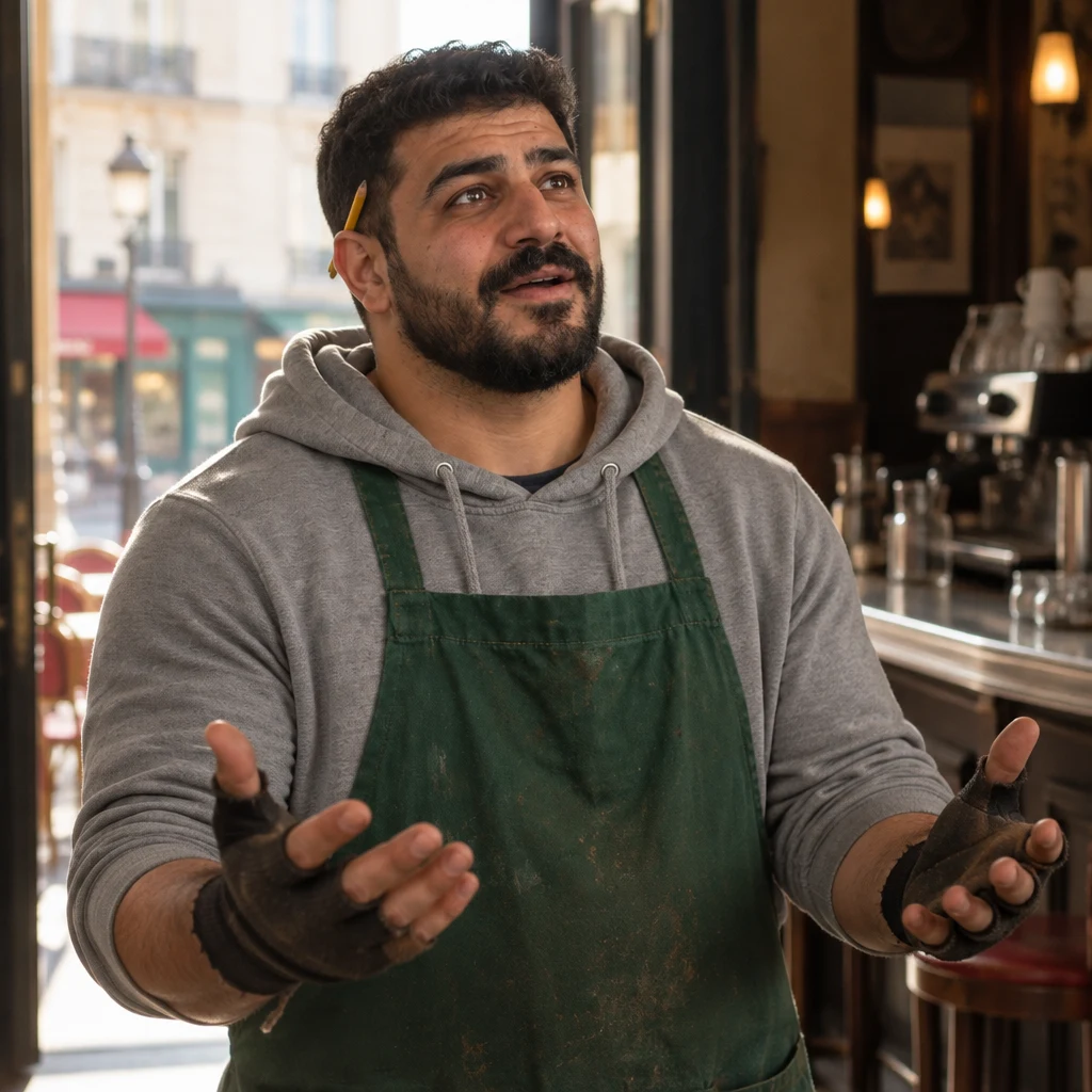 Karim just inside the café, reacting with both palms open as if the memory was not expected.