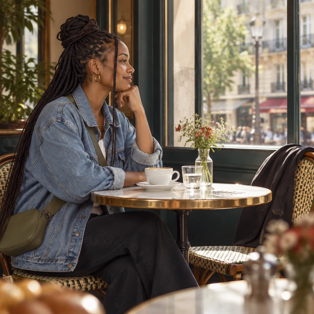 Inès sits in profile at the round table, turned toward the window as if remembering.