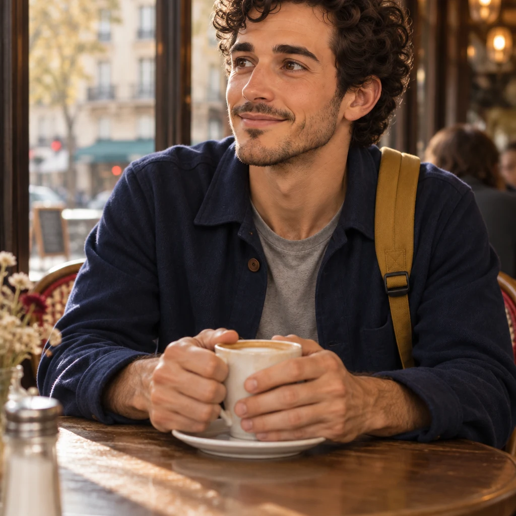 Sam's hands wrap around a coffee cup on the table while his shoulders draw in.