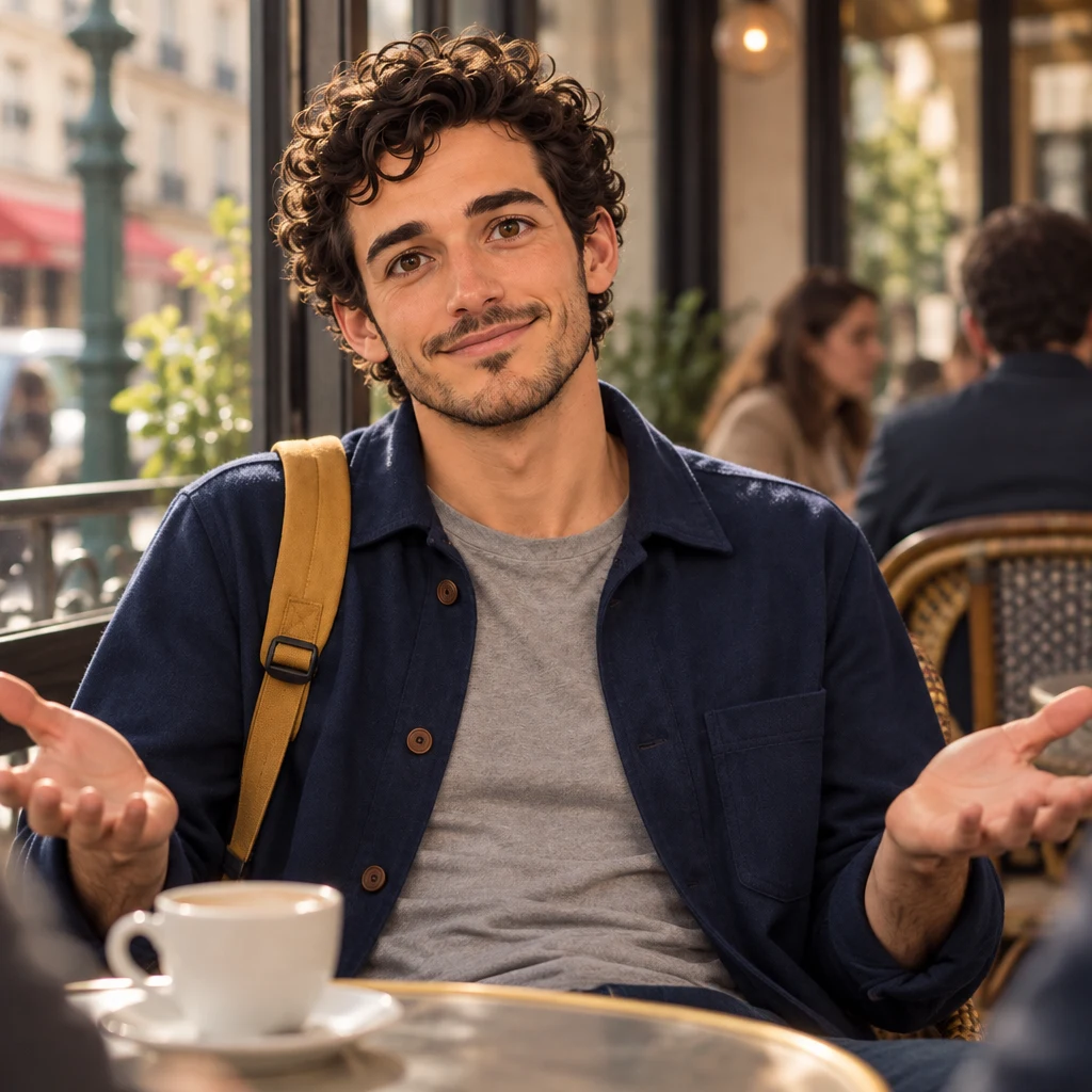 Close-up of Sam at the small café table, sitting back with both palms open in an undecided gesture.
