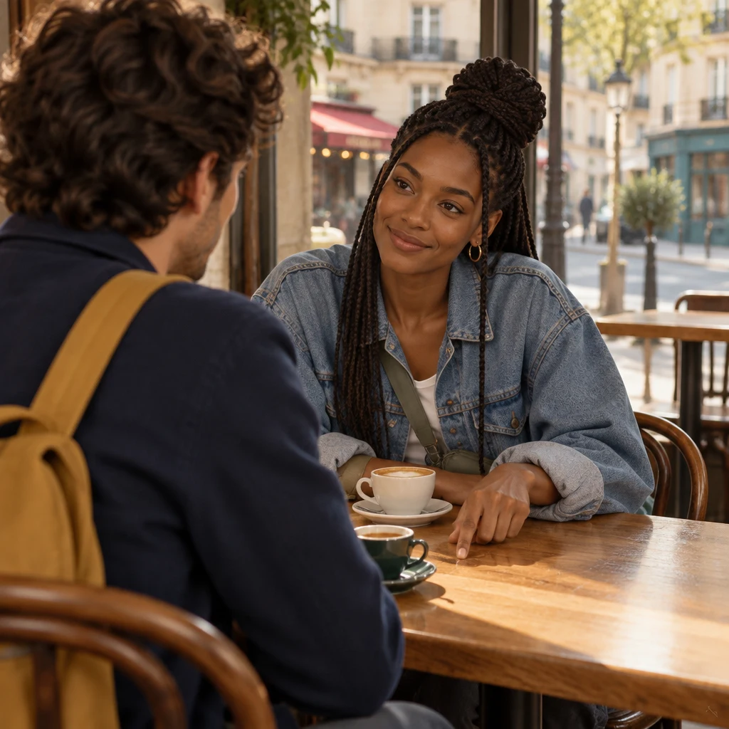 Over-the-shoulder past Sam toward Inès, who leans in and traces a plan on the table with one fingertip.