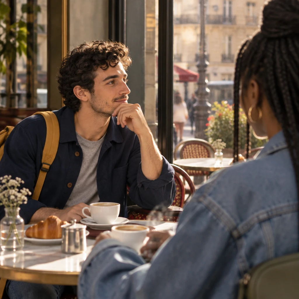 Profile of Sam turned toward the café window, one hand near the chin, thinking about going away.