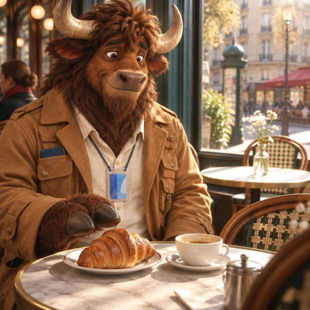 Close-up of Gaspard's whole croissant and unfinished café crème, with a hand hovering then staying put, the empty window table beyond.