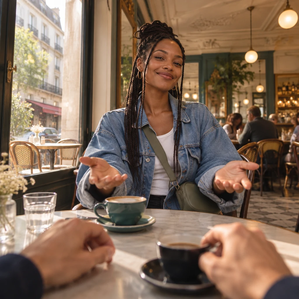 Low angle of Inès sitting upright at the small table, both hands open in an inviting gesture toward Sam.