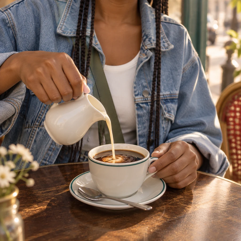Inès pours crème into a cup at the window table with a sure, practiced motion.