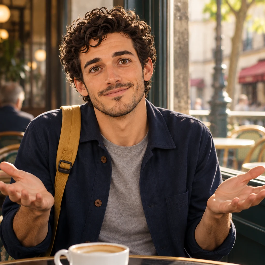 Sam shrugs at the window table with both palms open, unsure.