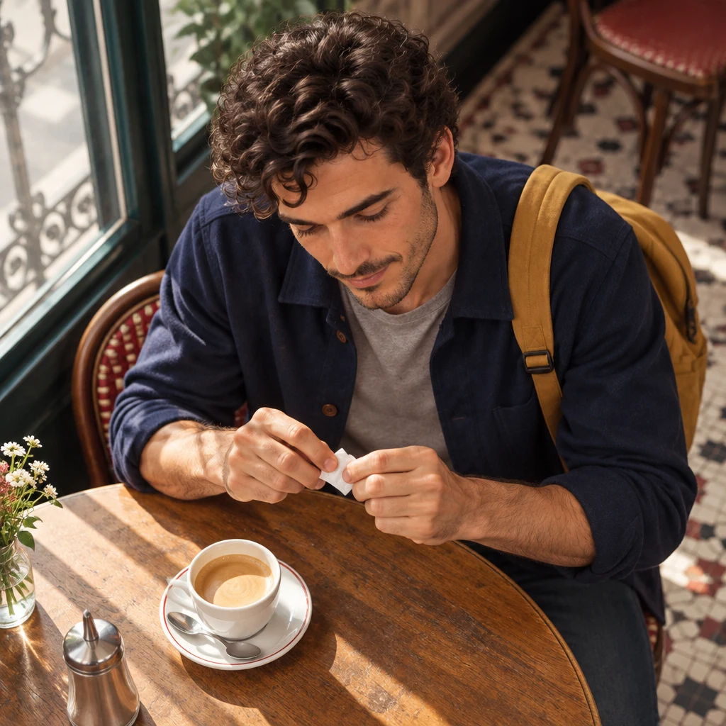 Sam leans over the table and fumbles a sugar packet beside a full crème.