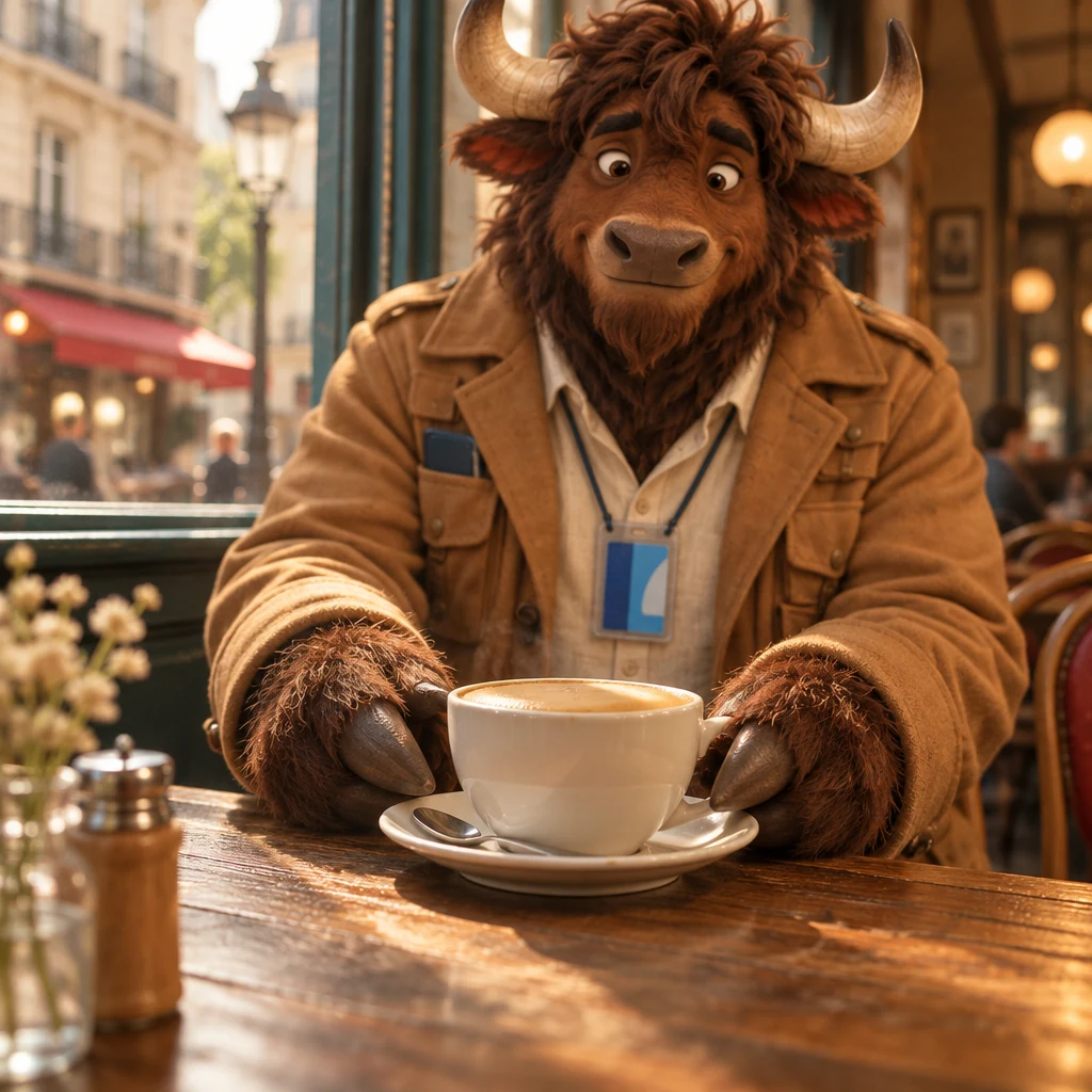 A full café crème sits untouched in the foreground while Gaspard, soft behind it, draws the cup closer alone.