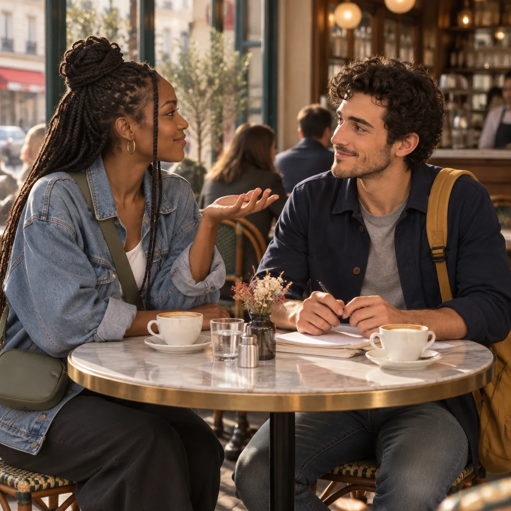 Inès turns toward Sam at their café table with one palm open in a questioning gesture.