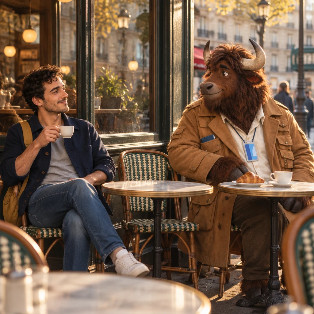 In profile, Sam reclines with a cup toward the window while Gaspard sits on two chairs nearby.
