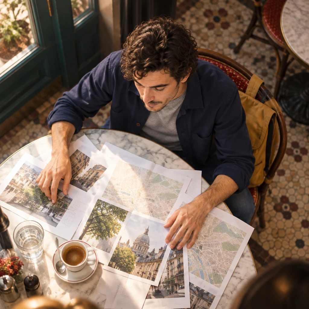 From high above, Sam bends over the table and spreads loose pages with both hands.