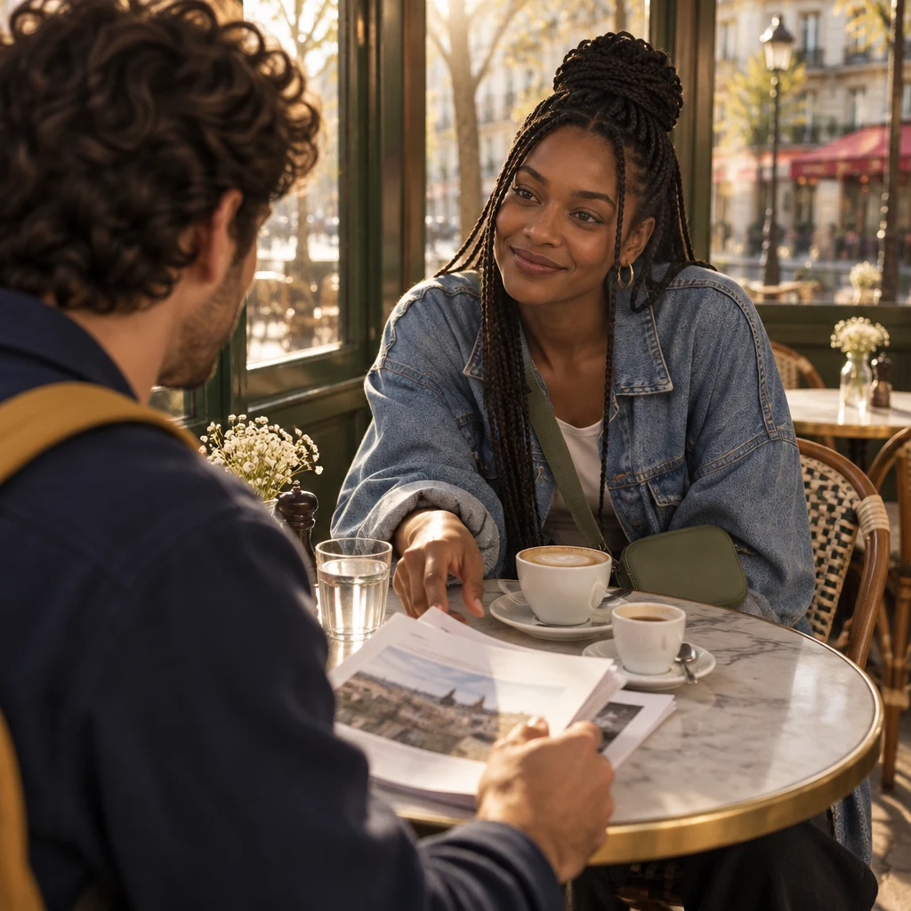 Over Sam's shoulder, Inès leans far across the table toward the loose pages.