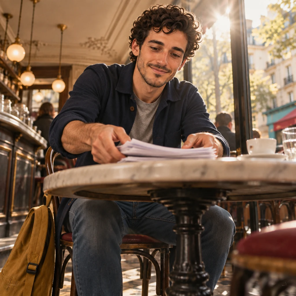 From a low angle, Sam pitches forward and gathers the loose pages with eager interest.