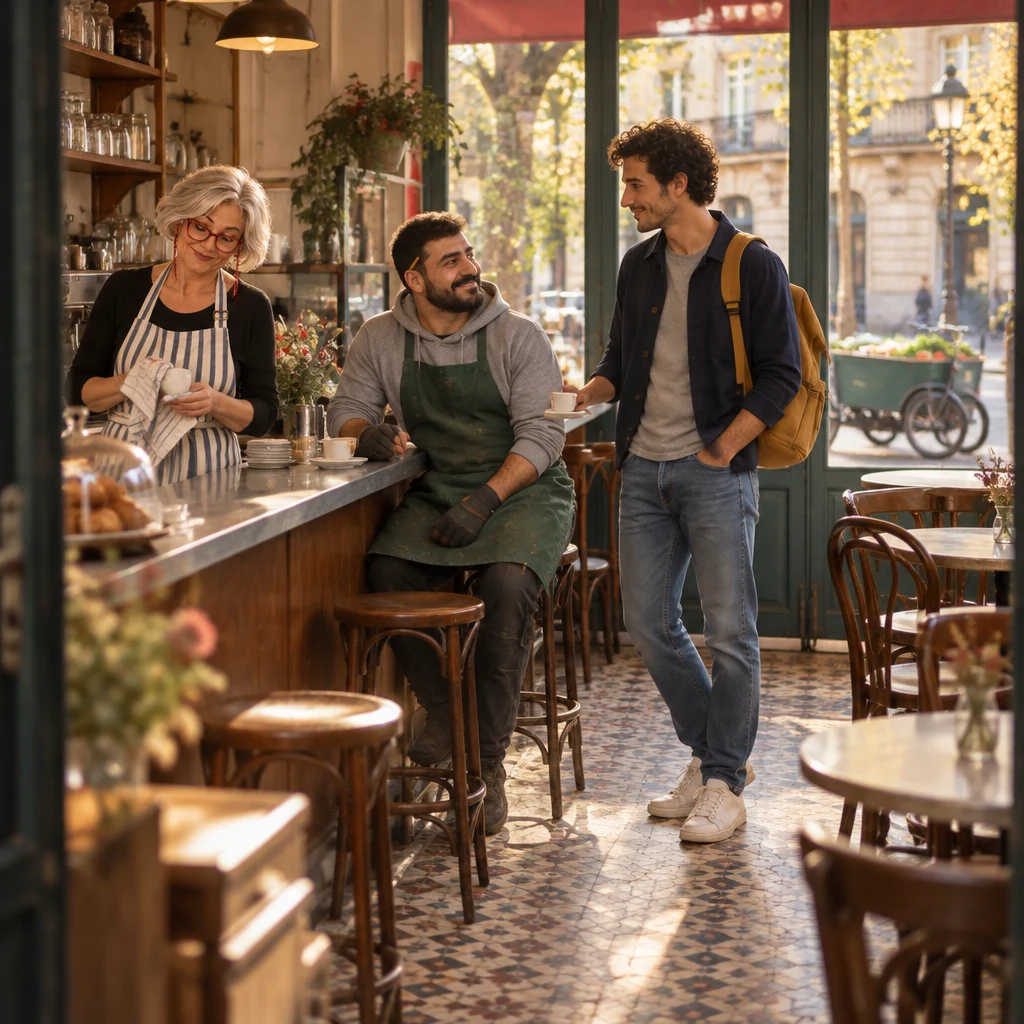 Wide establishing shot of the café after the market: Odile wiping a cup at the zinc, Karim on a stool, Sam at the counter, an empty window table, and a cargo bike outside.