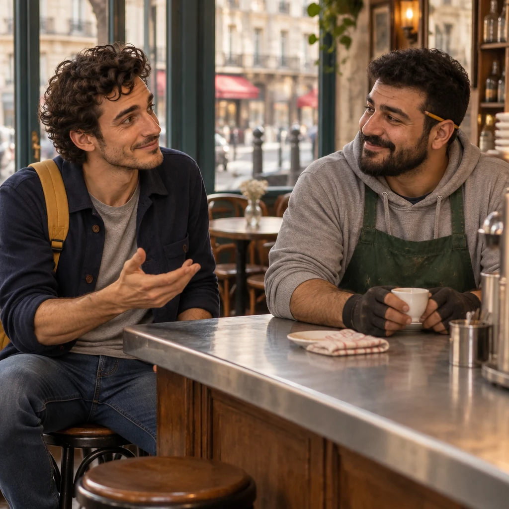 Medium two-shot of Sam twisted on a stool toward Karim, one hand lifted as if asking for a recommendation.