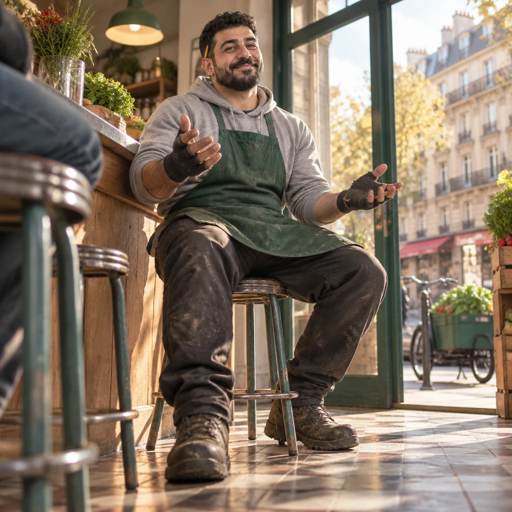 Low angle of Karim on a zinc stool, hands spread in an eager ongoing gesture, with the cargo bike outside.