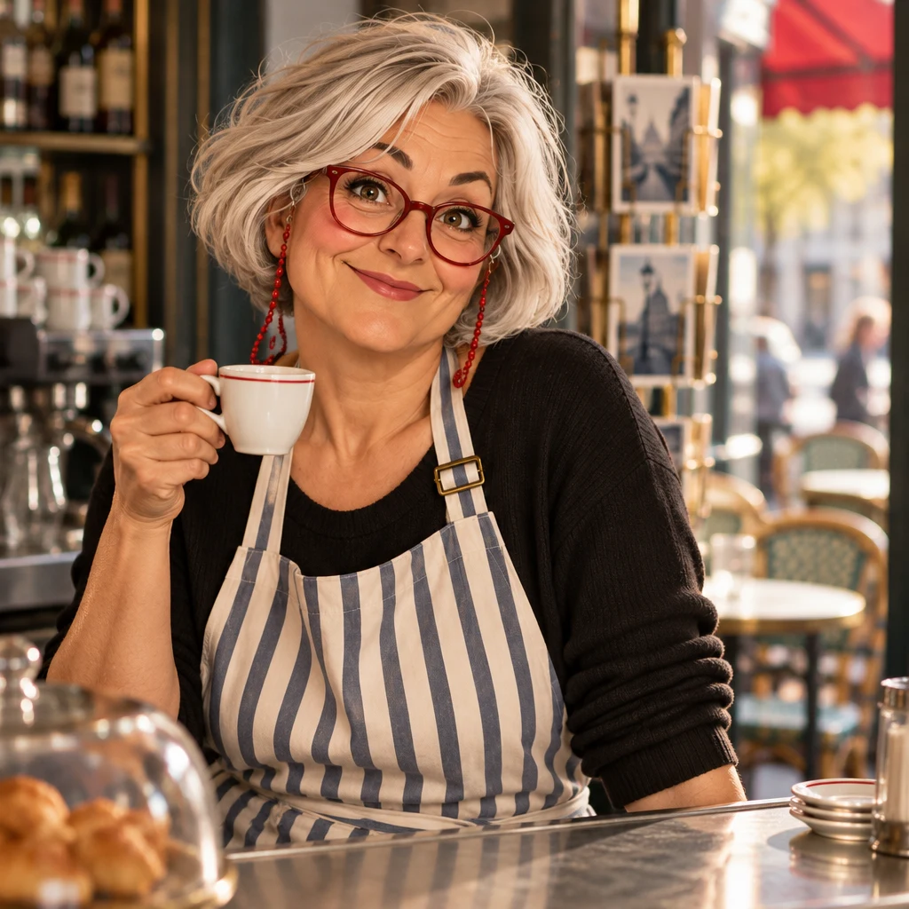Close-up of Odile behind the zinc, cup in one hand, one shoulder lifted in a modest shrug.