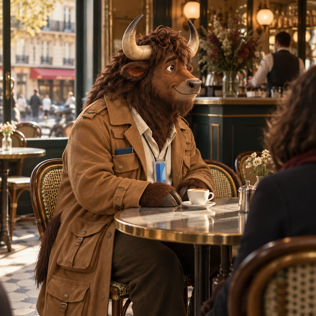 Profile of Gaspard on two chairs beside a full café crème, turned toward the zinc like a listener.