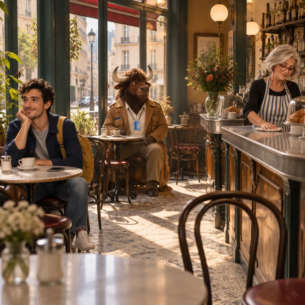 A wide Saturday-morning view of Café des Tilleuls with Sam at a round table and his phone out, Gaspard on two chairs by the window, and Odile wiping the zinc.