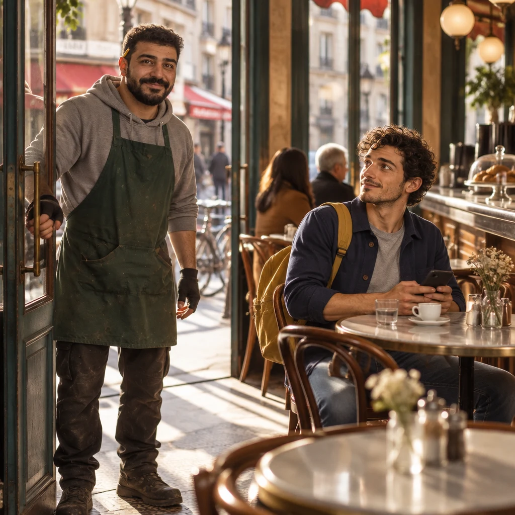 Karim steps just inside the café doorway in the morning light, pausing with a problem to tell, while Sam looks up from the round table.