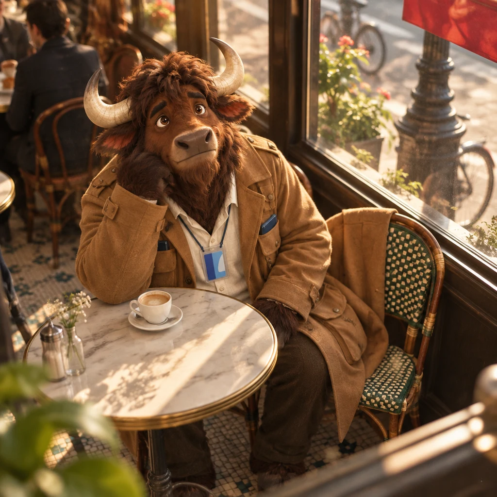 A high-angle view of Gaspard at the window table on two chairs, turned toward the room with a regretful slump, café crème untouched.