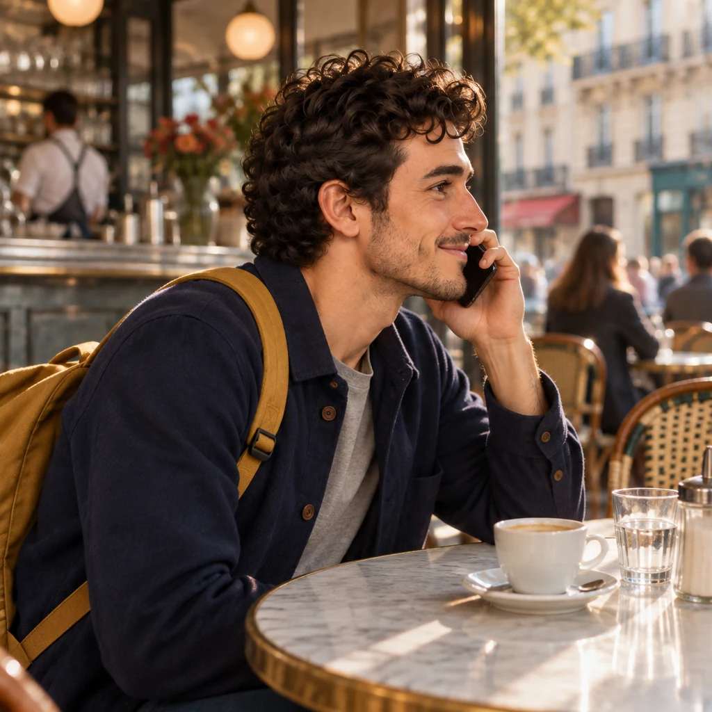 A profile of Sam at the round table leaning in toward his phone, glad at the good news.