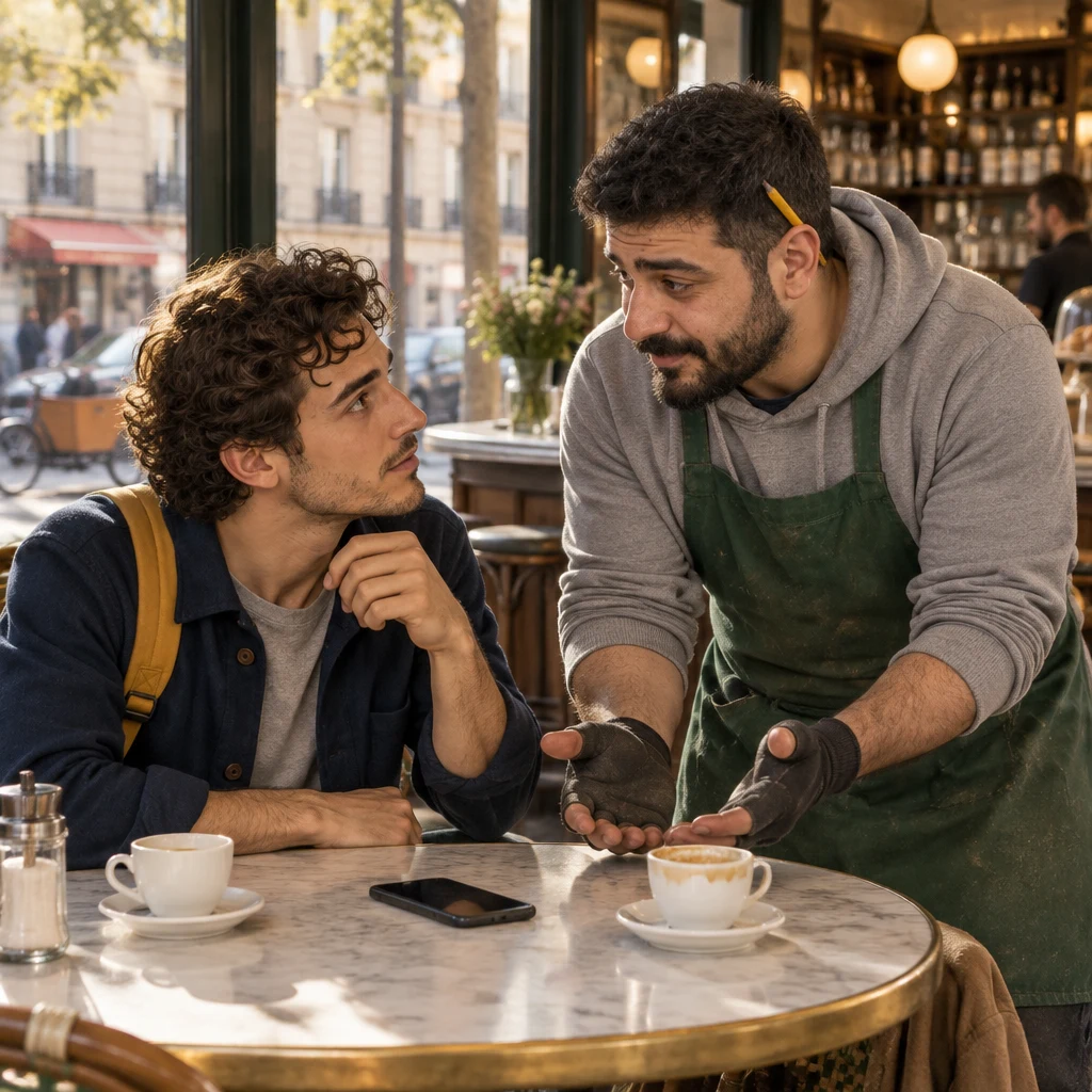 A medium two-shot of Karim at Sam's round table, bent forward with palms half-open, while Sam leans in to ask what happened.