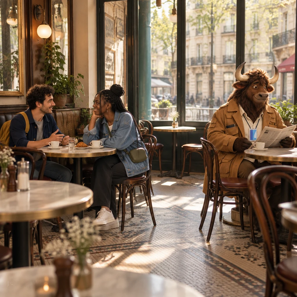 Wide Sunday-morning interior of Café des Tilleuls as Inès leans in over the marble table toward Sam, Gaspard occupies two chairs at the next table with a full cup, and the window table stays empty.