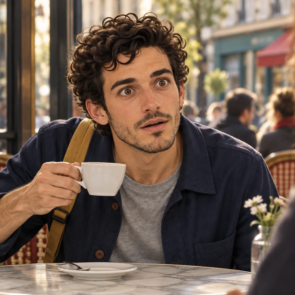 Close-up of Sam at the café table, cup frozen in mid-air, body pitched forward in surprise toward a companion out of frame.