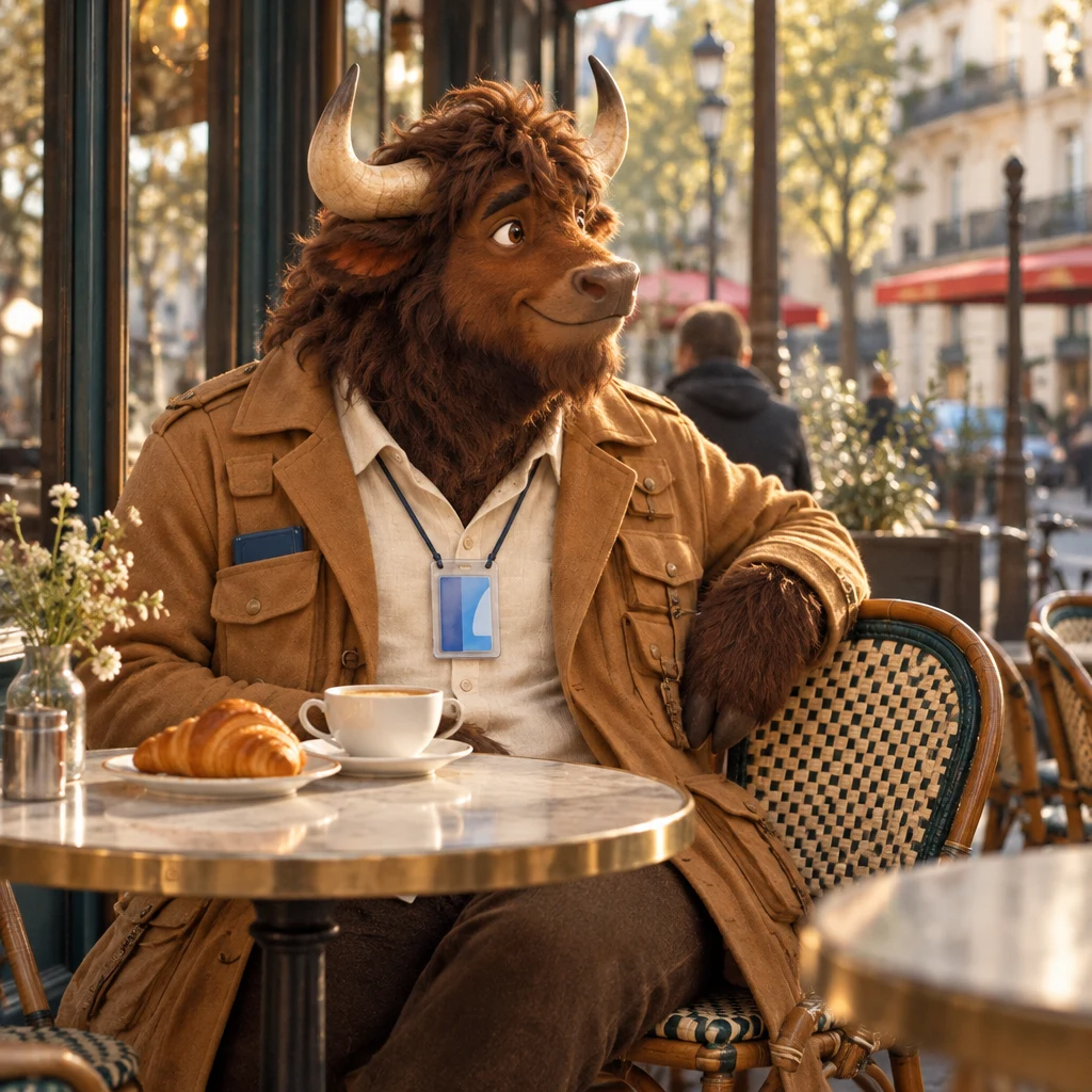 Profile of Gaspard occupying two chairs at the neighboring café table, body twisted toward the next table, his café crème still full.