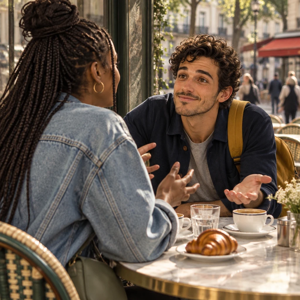 Over Inès’s shoulder, Sam leans across the café table with one palm open in a questioning gesture.