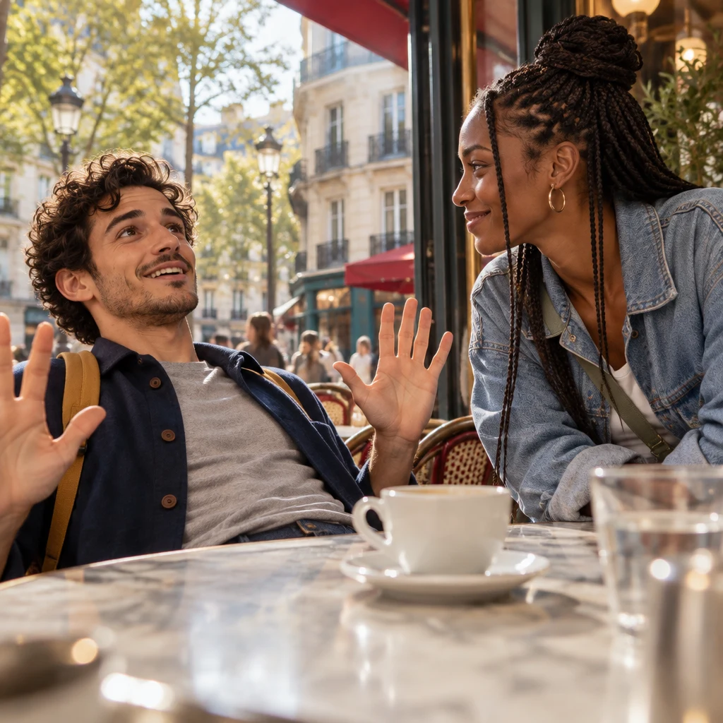 Low angle of Sam tipped back from the café table with both palms lifted in amazement while Inès leans in across from him.